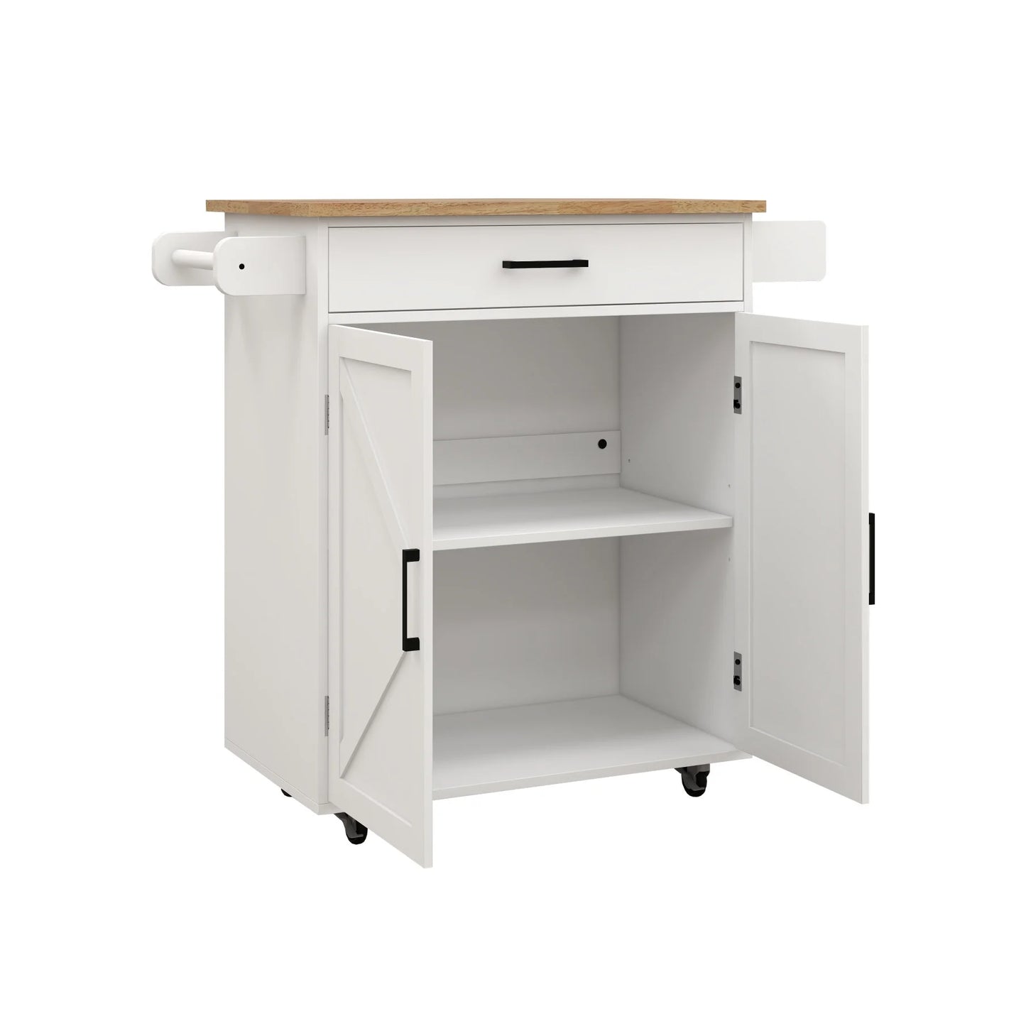 Rolling Kitchen Island with Solid Wood Top & Pull-out Drawer, Kitchen Trolley Cart with Spice Rack & Towel Rack & Storage Pantry Cabinet with Adjustable Shelf, Kitchen Island Cart on Wheels, White