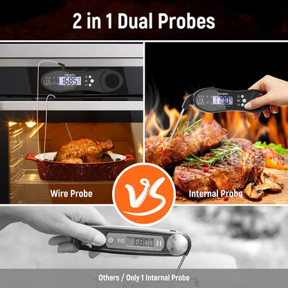 Fabuletta Rechargeable Digital Meat Thermometer - Dual Probe Instant Read Thermometer with Alarm Waterproof Kitchen Food Thermometer for Cooking, Grill, BBQ, Smoker, Candy, Liquids and Oil Frying