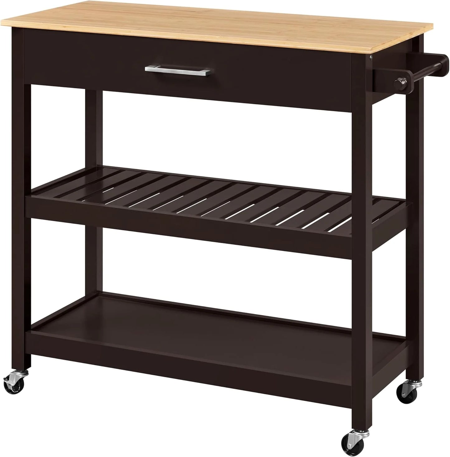Hyxoo Kitchen Island Cart on Wheels with Bamboo Tabletop, 3-Tier Rolling Kitchen Island Microwave Cart with Drawer, Detachable Towel, 3 Hooks40"W x 20"D x 36.5"HEspresso