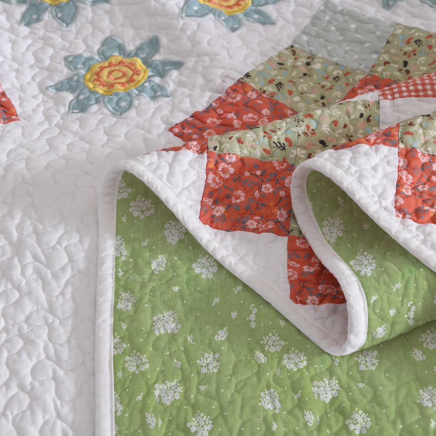 3 Pcs 100% Cotton Sunflower Pattern Patchwork Quilt Bedspread Set|Farmhouse Bedding Set for All Seasons