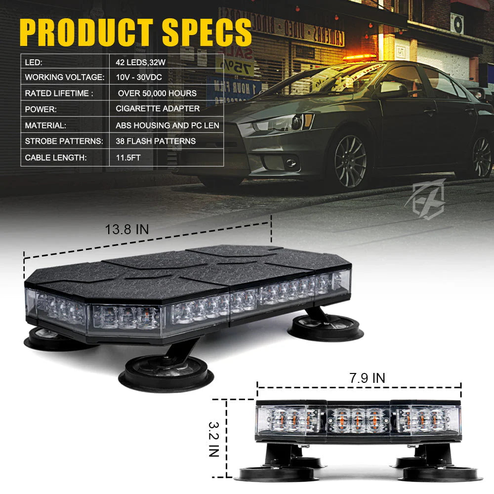 Xprite 42 LED High-Visibility 14" Rooftop Strobe Light Bar Vehicle Safety Emergency Beacon, Magnetic Base, Weatherproof - Amber