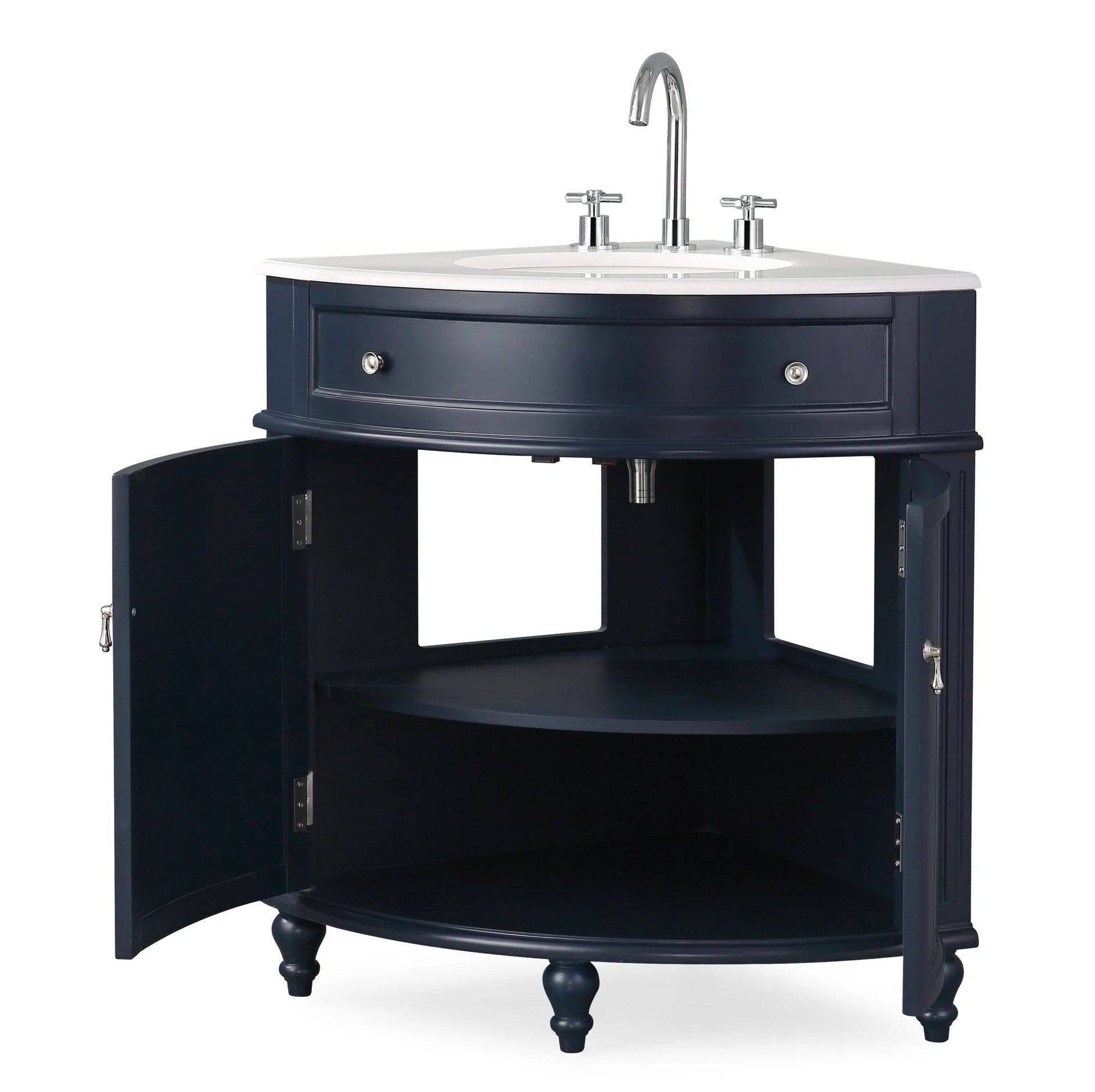 Tennant Brand 24" Navy Blue Corner Bathroom Vanity with White Quartz Top