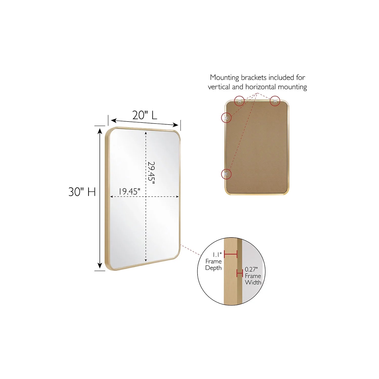 Isla Rectangle Wall Accent Mirror, 30" H x 20" L, Modern Metal Framed, Living Room, Bedroom, Bathroom Vanity Mirror, Gold Design House, 596510-GLD