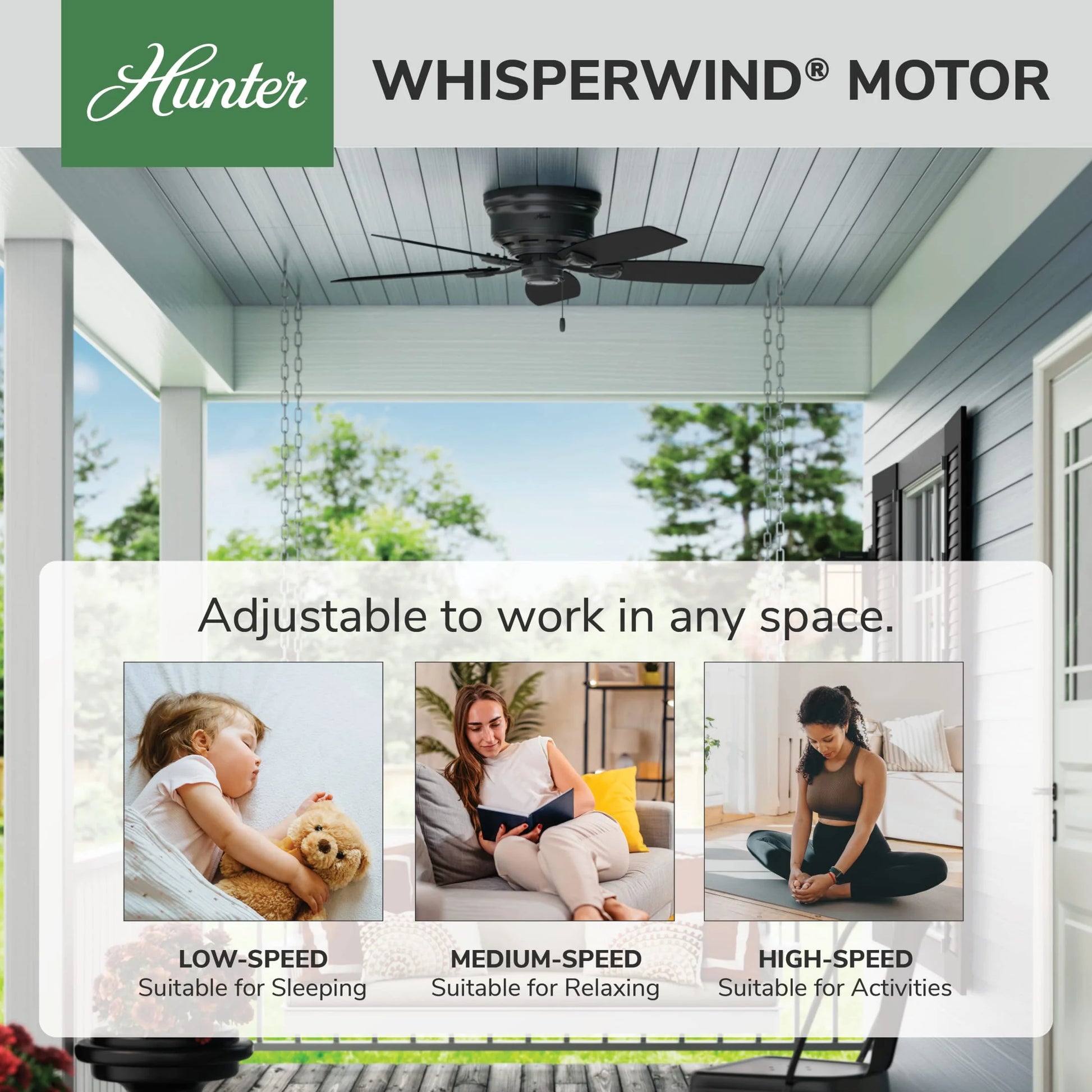 Hunter - Sea Wind Indoor/Outdoor Low Profile Ceiling Fan, 48-inch, Matte Black, Nautical-style, 3-speed WhisperWind Motor, 53118, for Porches, Bathrooms