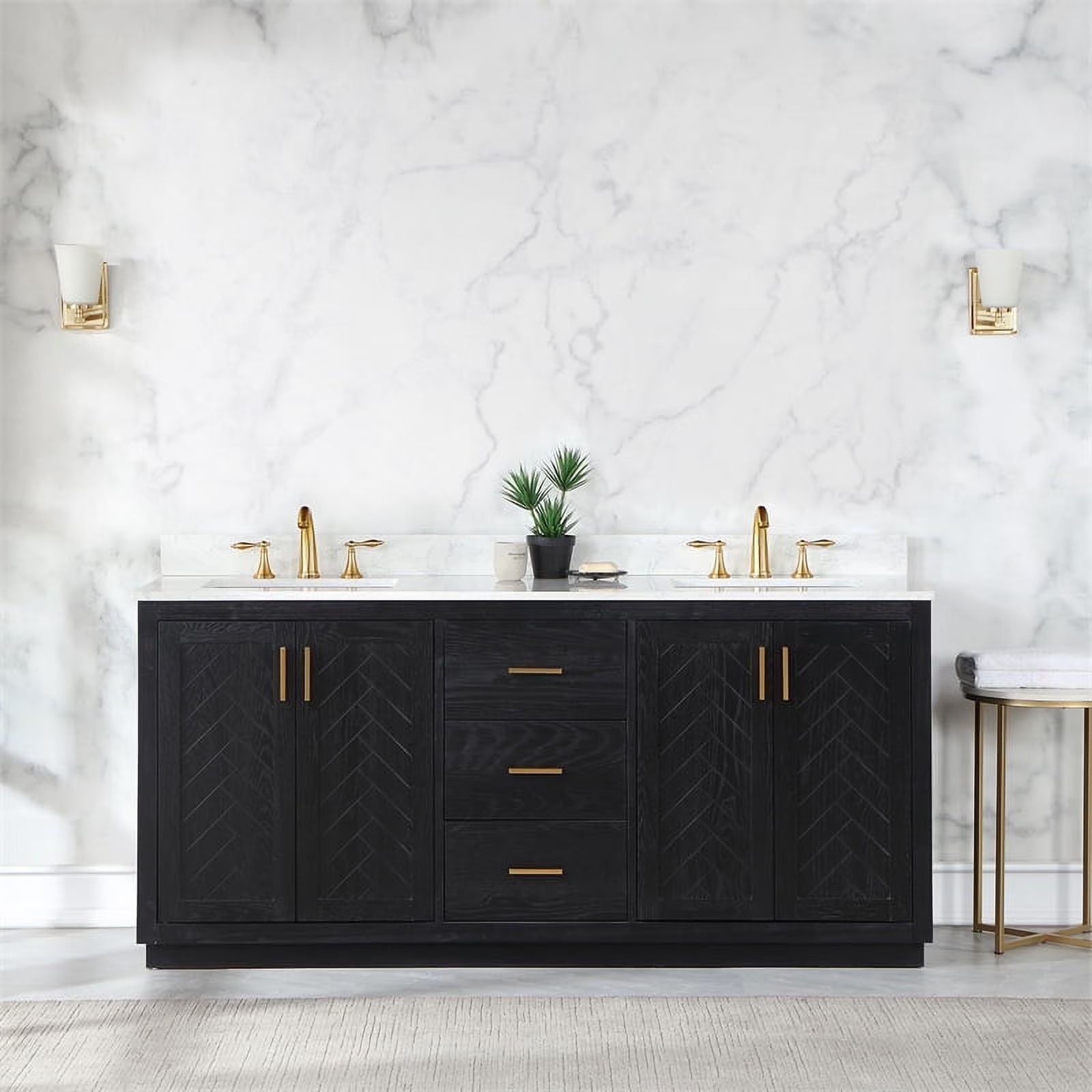 Gazsi 72" Double Bathroom Vanity Set in Black Oak with Grain White Composite Stone Countertop Without Mirror