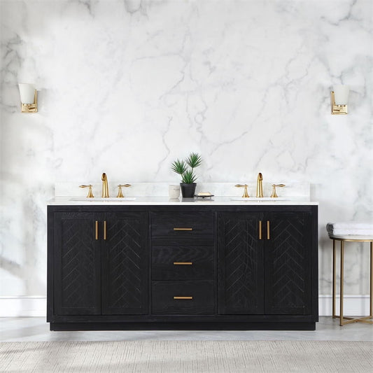 Gazsi 72" Double Bathroom Vanity Set in Black Oak with Grain White Composite Stone Countertop Without Mirror