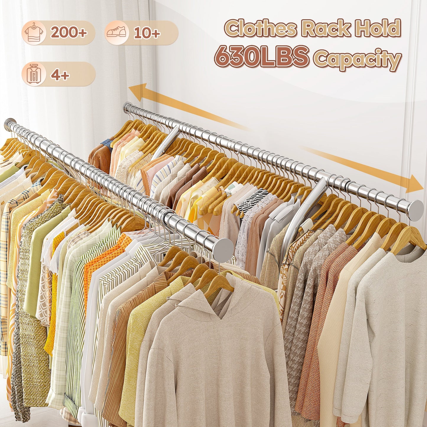 Clothes Rack with Wheels, Heavy-Duty Garment Rack for Hanging Clothes, Adjustable Freestanding Wardrobe Organizers and Storage with Double Sheves