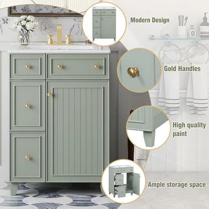 24-Inch Bathroom Vanity Cabinet with Ceramic Sink, 2 Drawers, 1 Door, Light Green