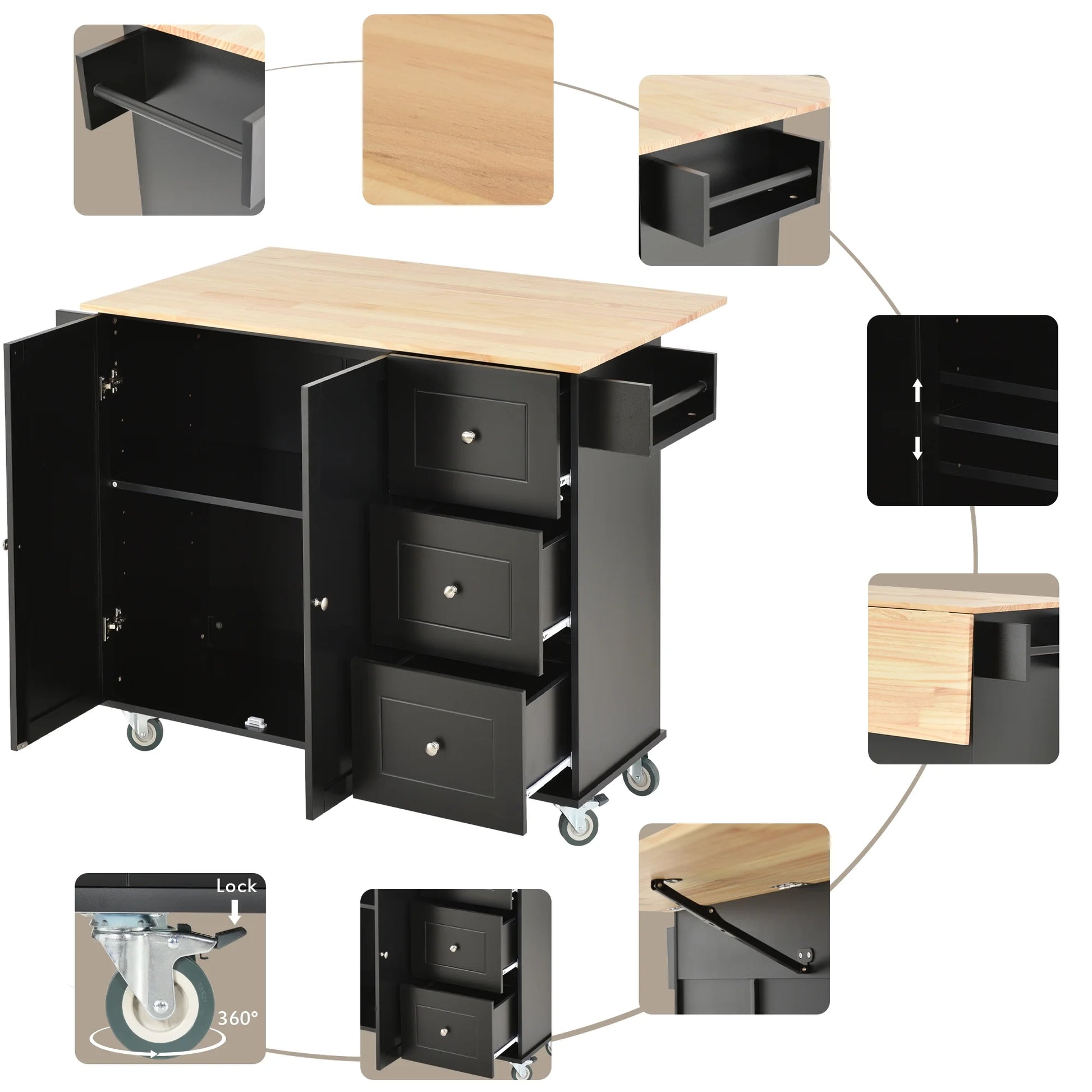 52.7" Width Rolling Mobile Kitchen Island with Solid Wood Top and Locking Wheels, Moveable Kitchen Island Cart with Storage Cabinet, Drop Leaf Breakfast Bar, Spice Rack, Towel Rack, Drawer
