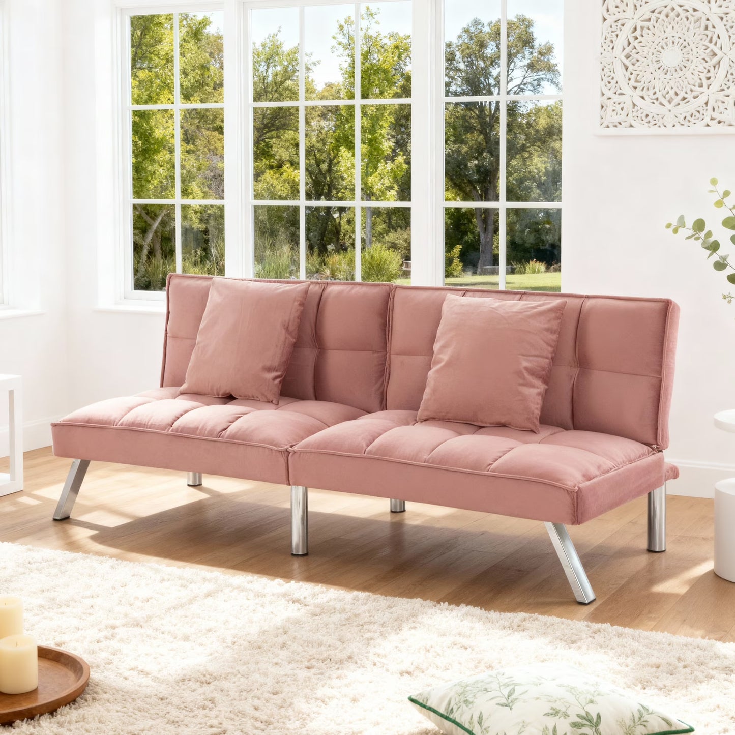 Gewnee Modern Velvet Futon Sofa Bed,67.7" Convertible Sleeper Sofa Bed with Throw Pillows Adjustable Backrest Angles,Loveseat for Small Place,Olive