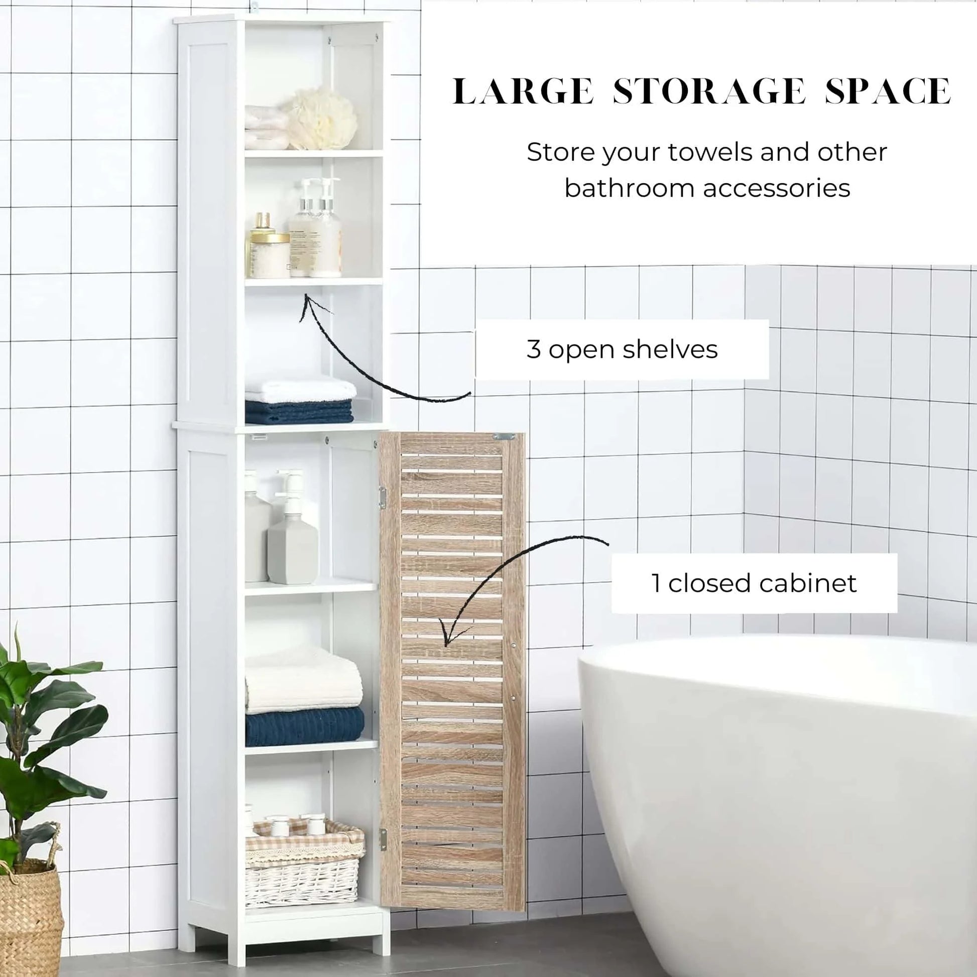 Tall Bathroom Storage Cabinet with Open Shelves and Vented Door, Slim Linen Cabinet for Compact Bathroom Organization, White and Oak Finish - Stockholm Collection