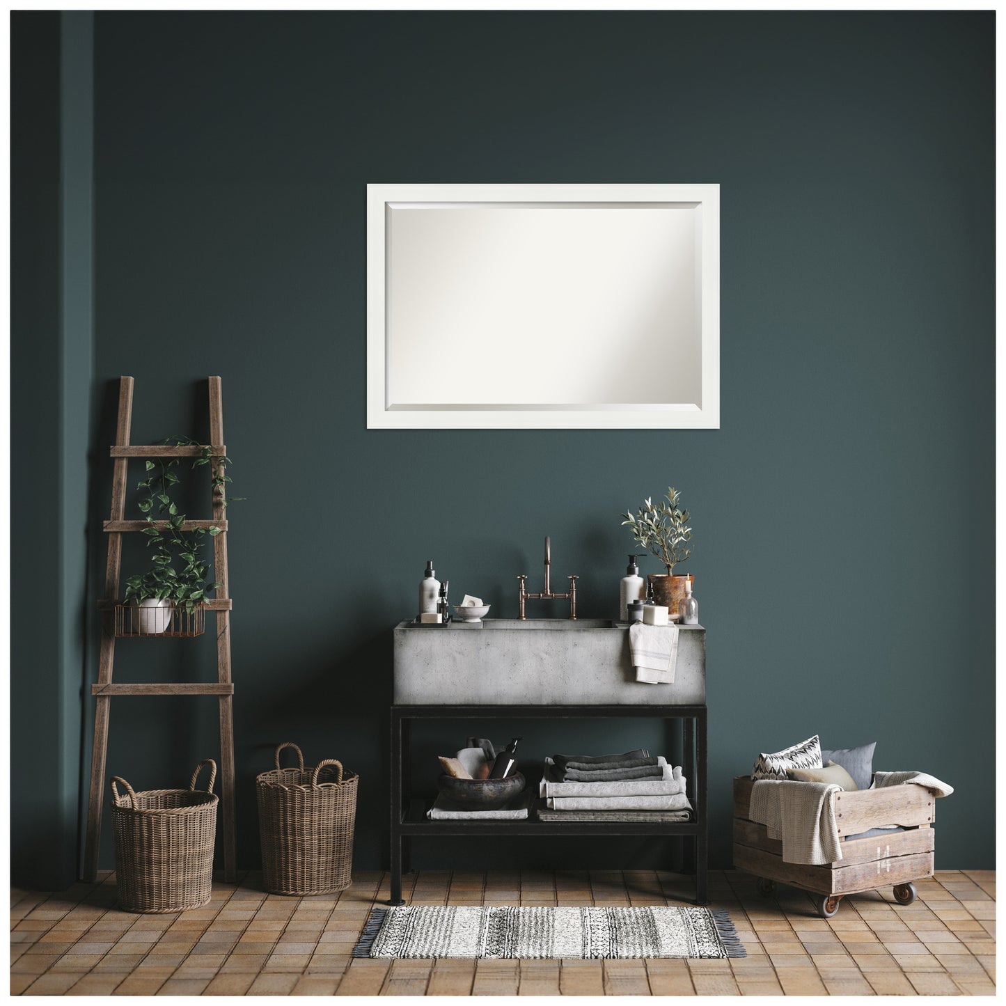 Vanity White Narrow Beveled Wood Bathroom Wall Mirror