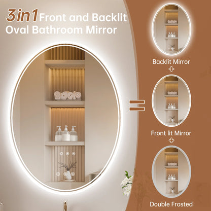 Funtouch 20" x 28" Oval LED Bathroom Mirror with Lights, Anti Fog LED Bathroom MirrorDimmable, Front and Backlit, 3 Colors, Memory, Shatterproof