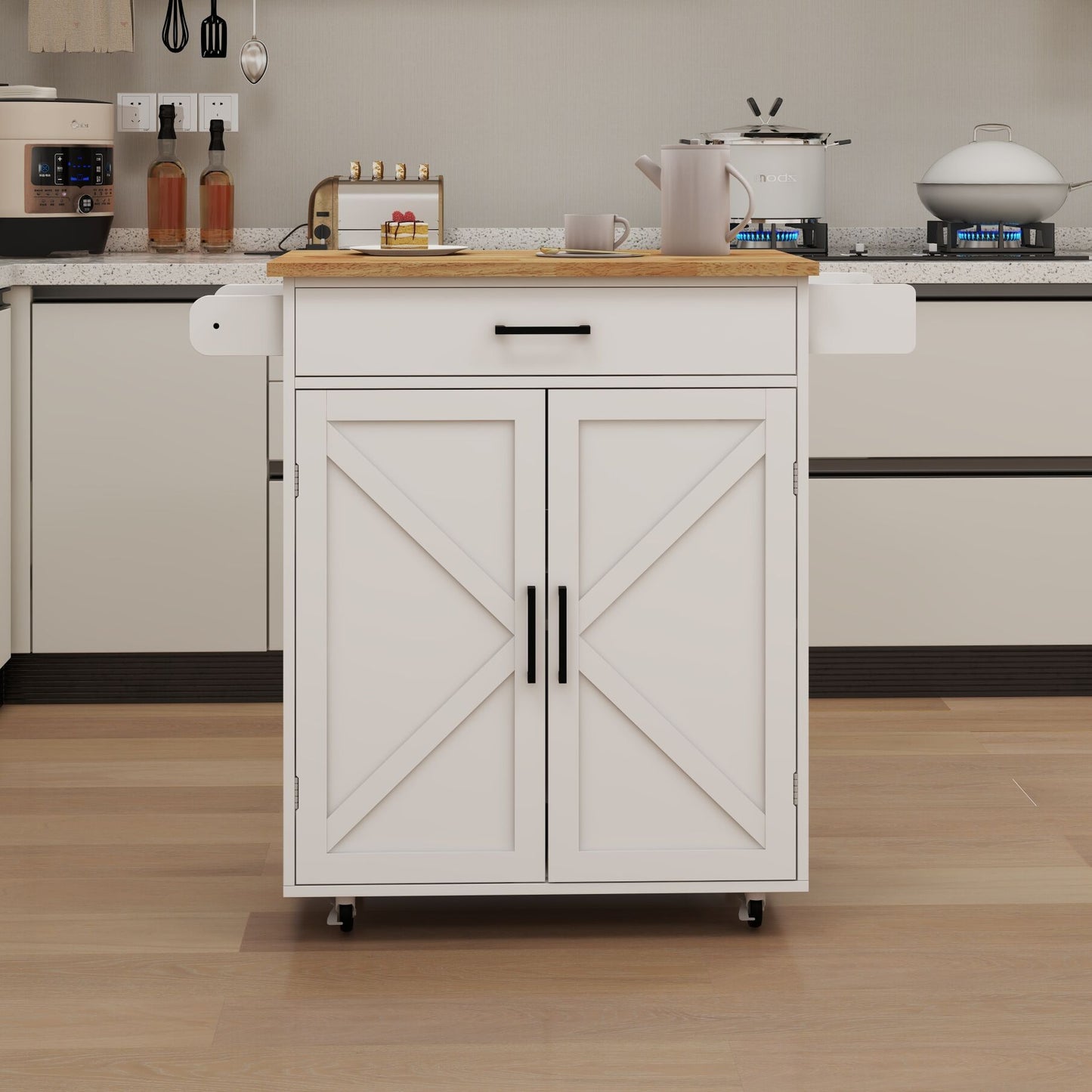 Rolling Kitchen Island with Solid Wood Top & Pull-out Drawer, Kitchen Trolley Cart with Spice Rack & Towel Rack & Storage Pantry Cabinet with Adjustable Shelf, Kitchen Island Cart on Wheels, White