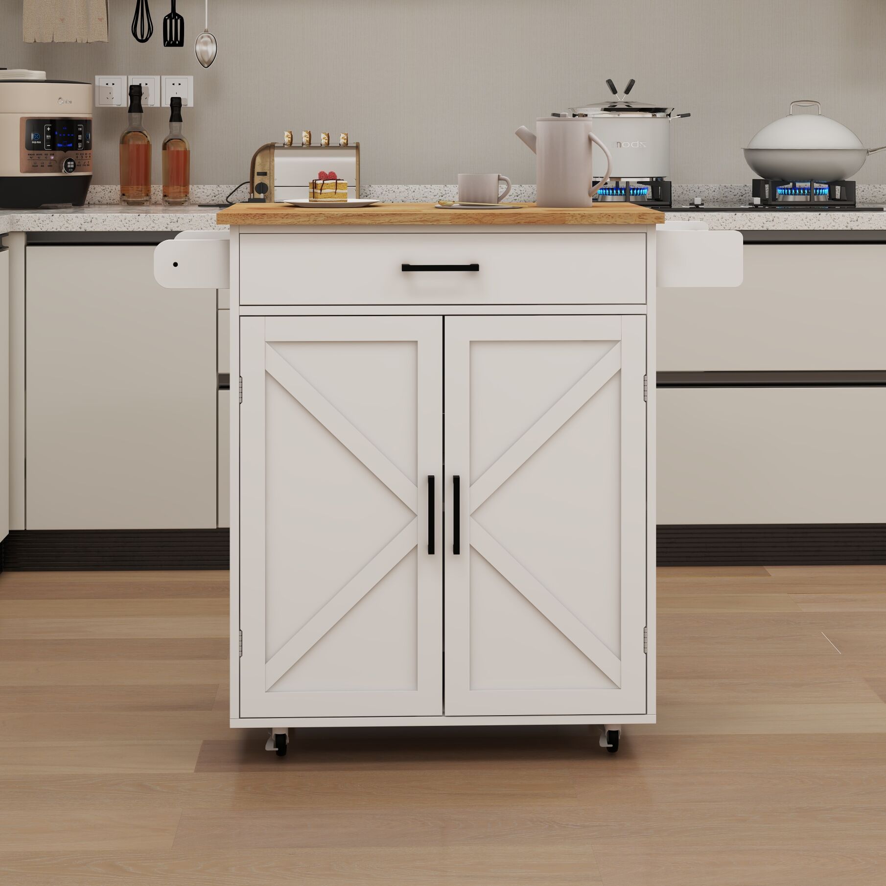 Rolling Kitchen Island with Solid Wood Top & Pull-out Drawer, Kitchen Trolley Cart with Spice Rack & Towel Rack & Storage Pantry Cabinet with Adjustable Shelf, Kitchen Island Cart on Wheels, White