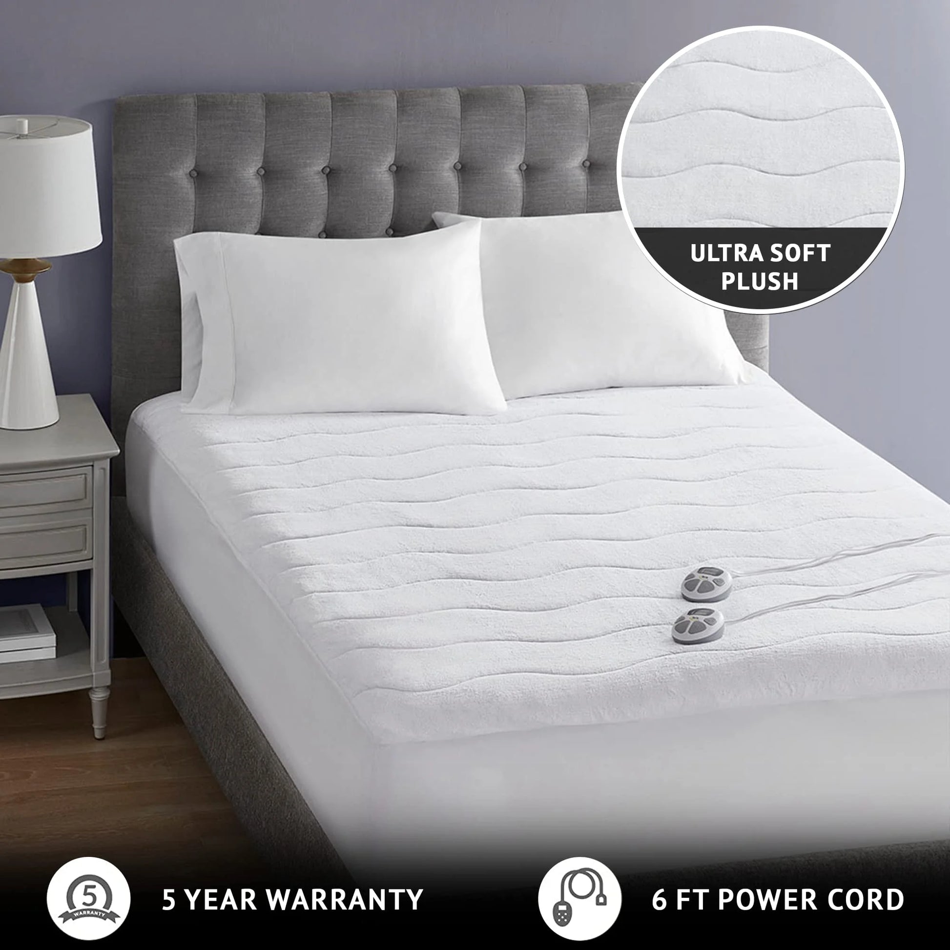 Serta Plush Queen Top Heated Plush Electric Mattress Pad, Auto Shut Off Ultra-Soft Waterproof Heating Mattress Protector with Dual Controller and 10 Heat Settings White