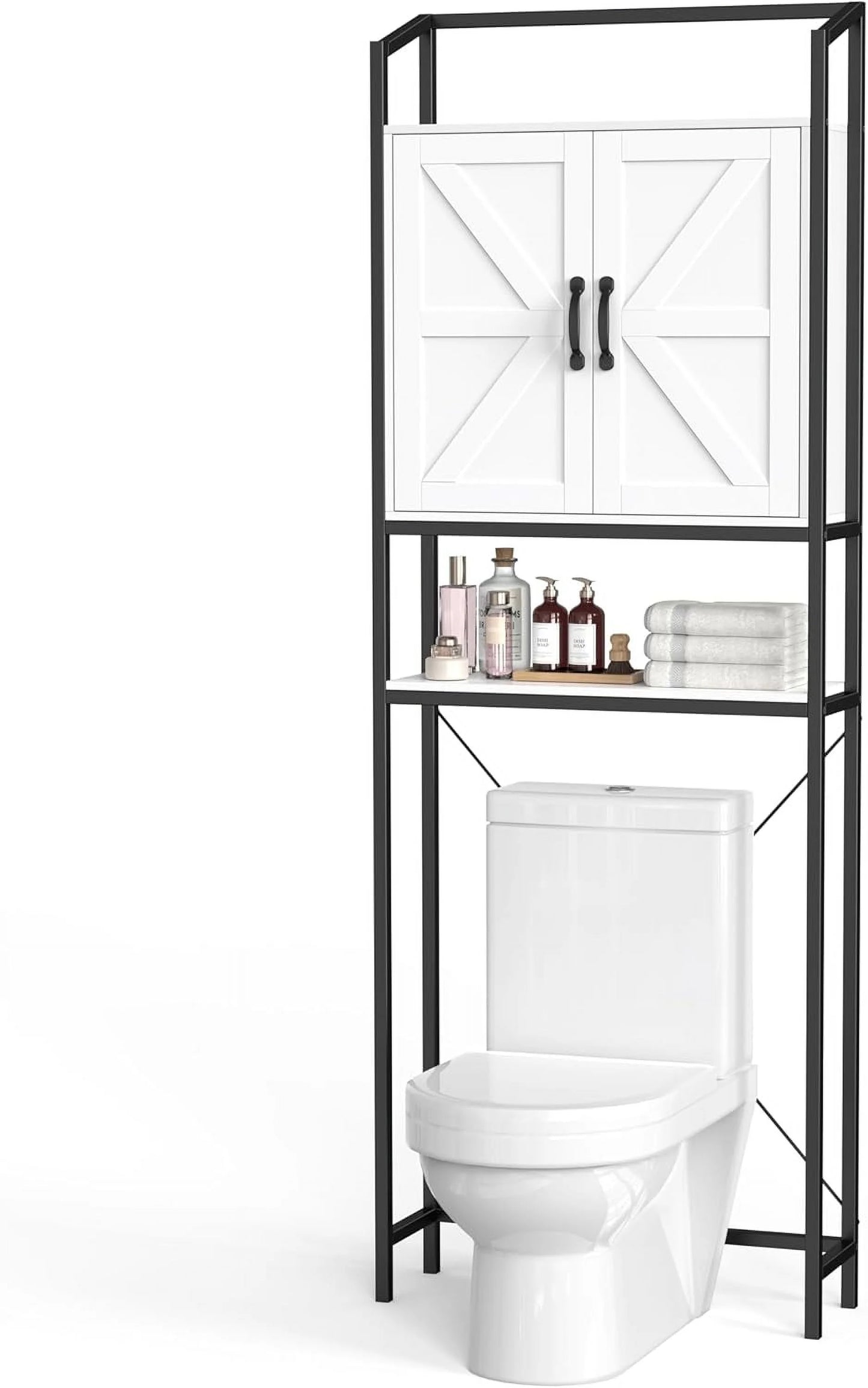 HAUXITIO Over The Toilet Storage Cabinet, Bathroom Space Saving Toilet Shelf with 2 Doors and 3 Adjustable Shelf, White