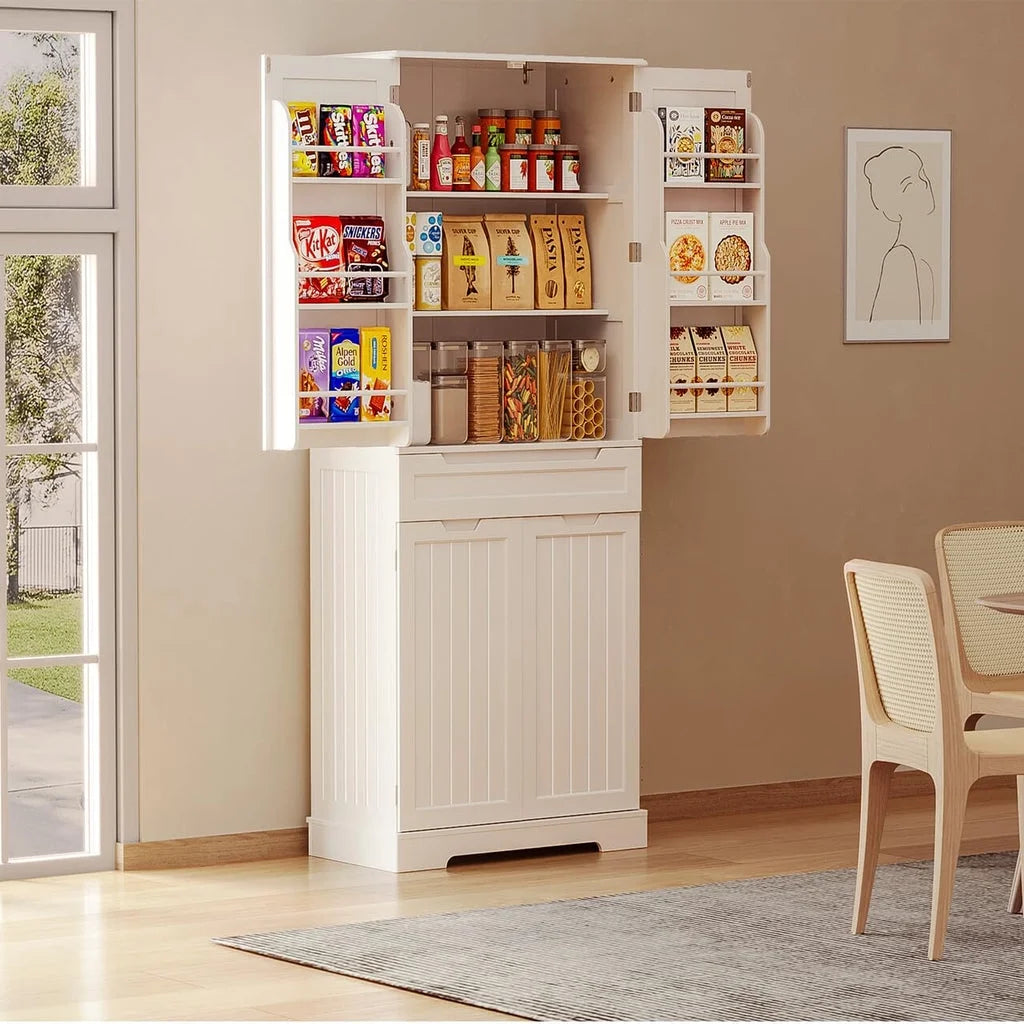 Aiho 64" Tall Kitchen Pantry, Farmhouse Storage Cabinet, Organizer, Drawer and Adjustable Shelves for Kitchen, Dining Room, Bathroom - White