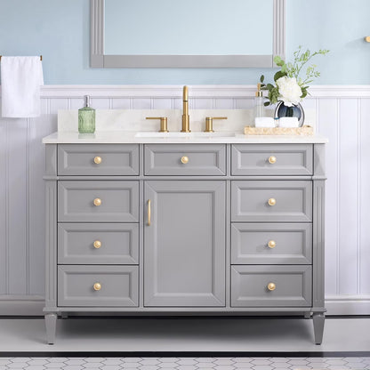 FORCLOVER 36" Bathroom Vanity with Sink Top Combo Set, Freestanding Solid Wood Bathroom Makeup Cabinet W/1 Soft-Close Door and 3 Soft-Close Drawers, Carrara White Quartz Countertop, Grey