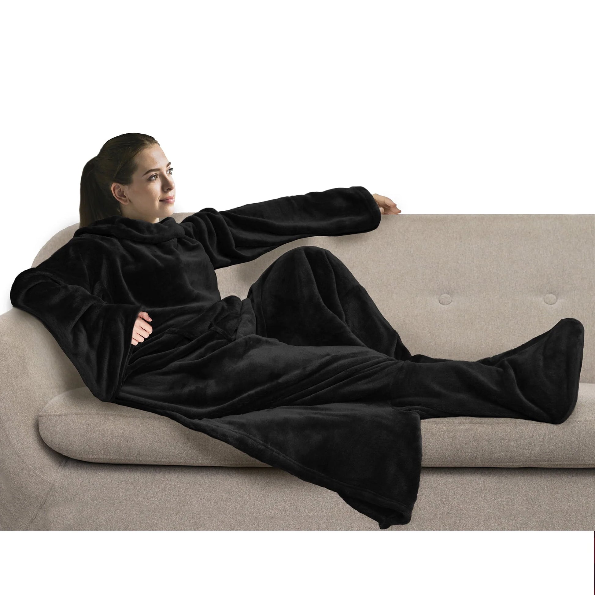 PAVILIA Fleece Blanket with Sleeves and Foot Pockets for Women Men Adult, Wearable Blanket Throw Wrap, Warm Cozy Extra Soft Sleep Hug Blanket with Feet, Gift for Women Mom (Black)