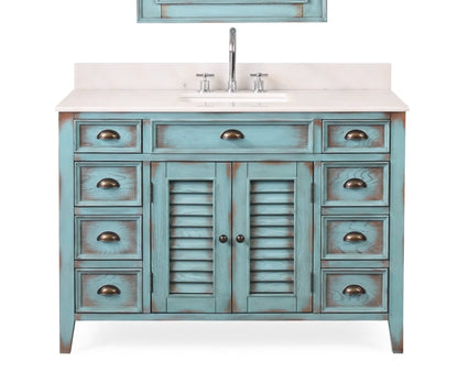 Benton Collection 46" Distressed Blue Farmhouse Bathroom Vanity with White Marble Top