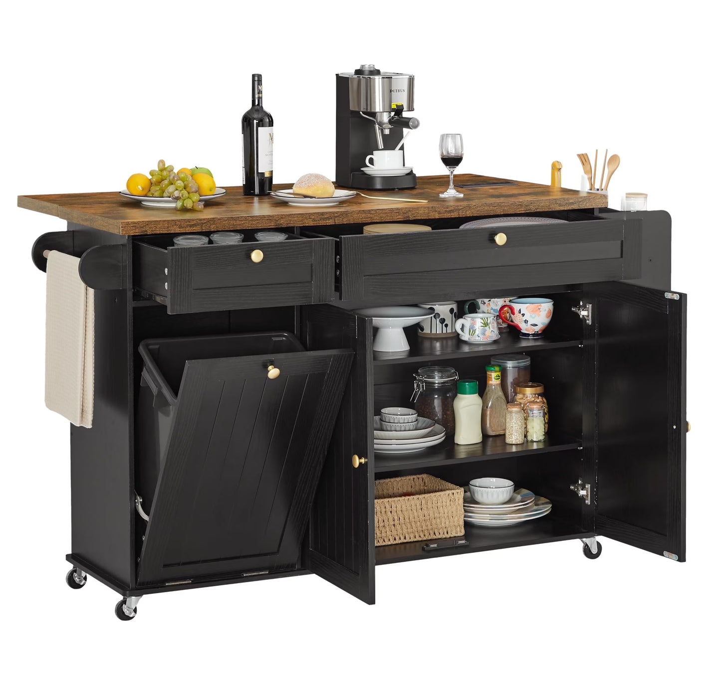Onbrill Kitchen Island w/Outlet& Towel Rack, 60" Kitchen Storage Cart w/Foldable Countertop, Black