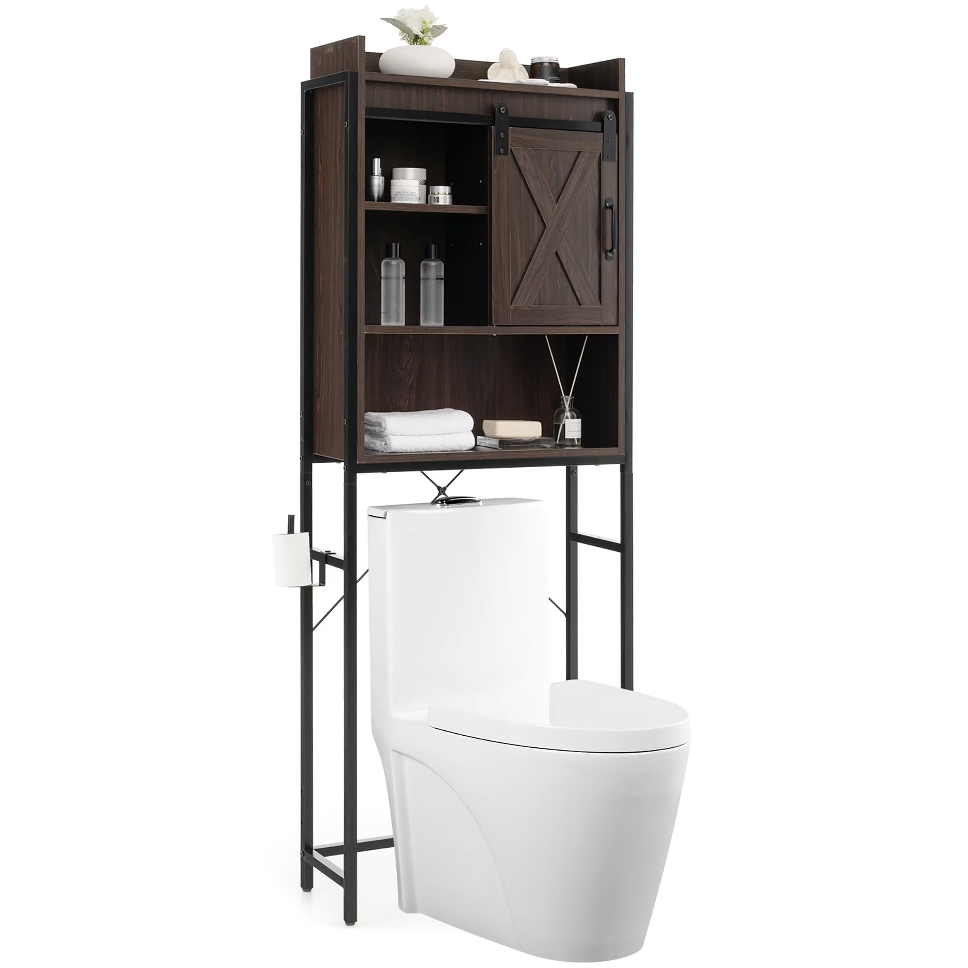 Gymax Over-The-Toilet Storage Cabinet Freestanding 4-Tier Bathroom Organizer Rack w/Adjustable Shelf Rustic Brown
