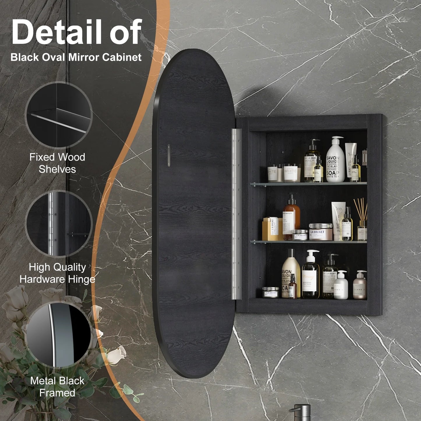 Hironpal Recessed or Wall Mounted 3 Color LED Oval Medicine Cabinet with 17x32 Inch Mirror for Bathroom,Black