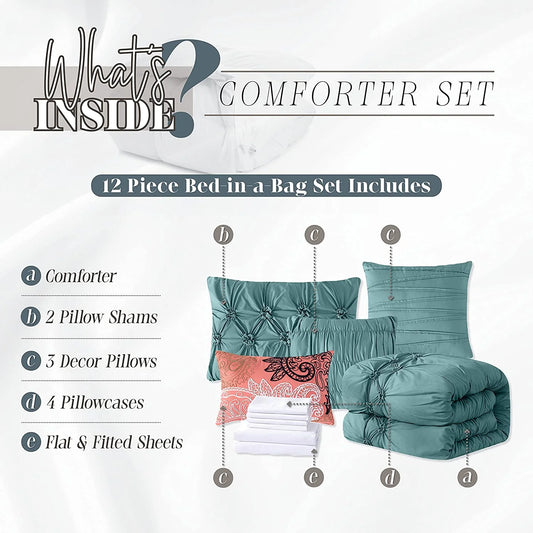 Elegant Comfort 12-Piece Bed-in-a-Bag, Ella Microsuede Comforter Collection with 6-Piece Sheet Set, Smart Pockets and Decorative Pillows, All Season Bedding, Full/Queen, Mint Green