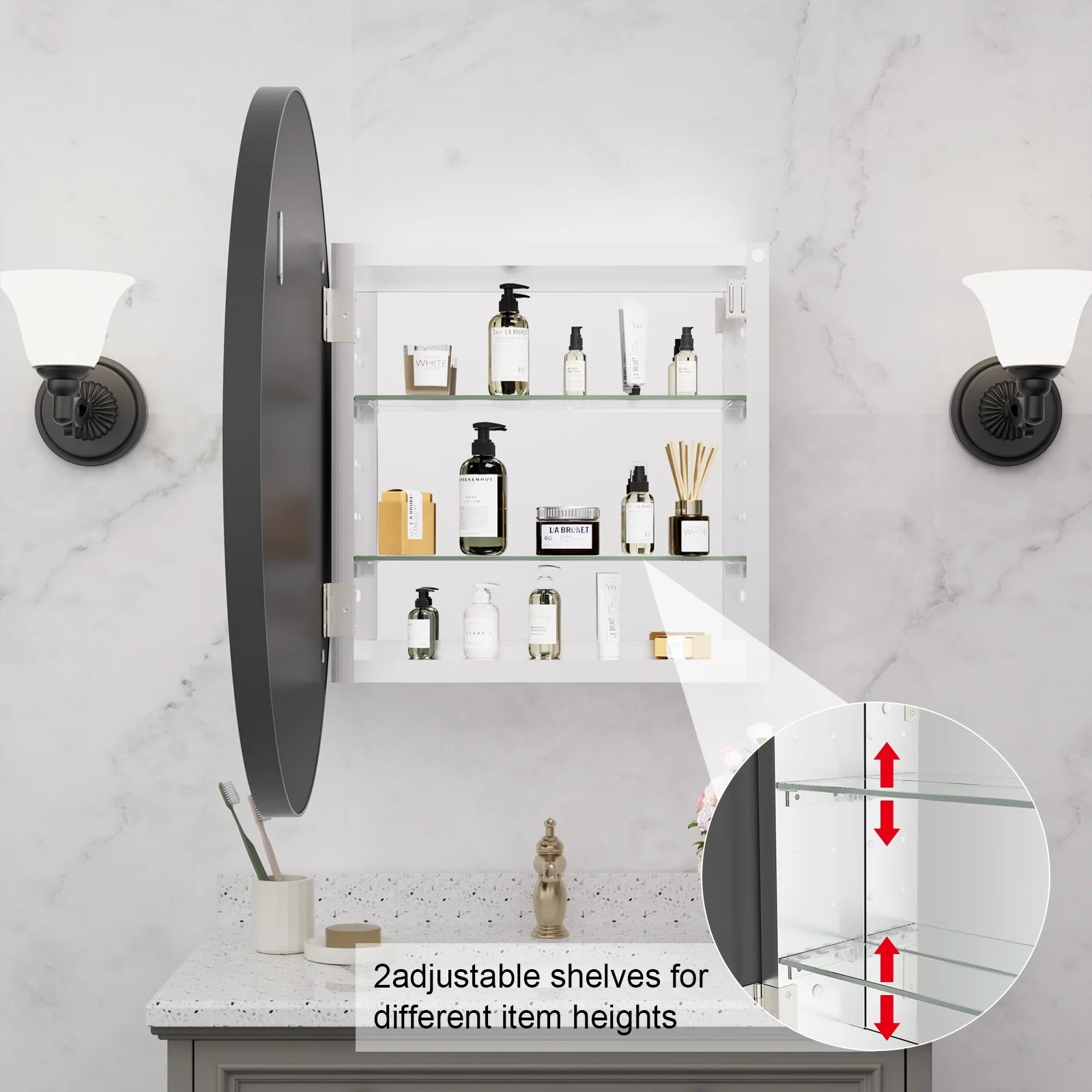 WallBeyond Bathroom Medicine Cabinet with Round Mirror Aluminum Framed 24", Gold