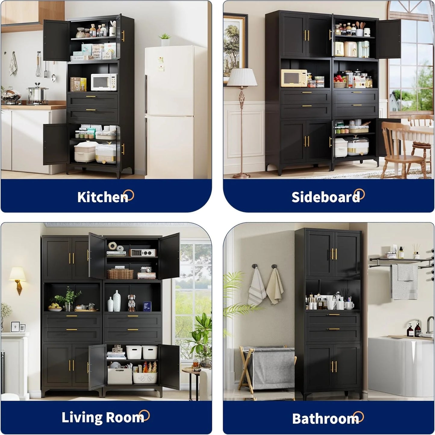 75° Tall Kitchen Pantry Storage Cabinet, Metal Storage Cabinet with 2 Drawers and Adjustable Shelves, Kitchen Pantry Cupboard, Freestanding Cupboard for Bathroom, Living Room(Black)