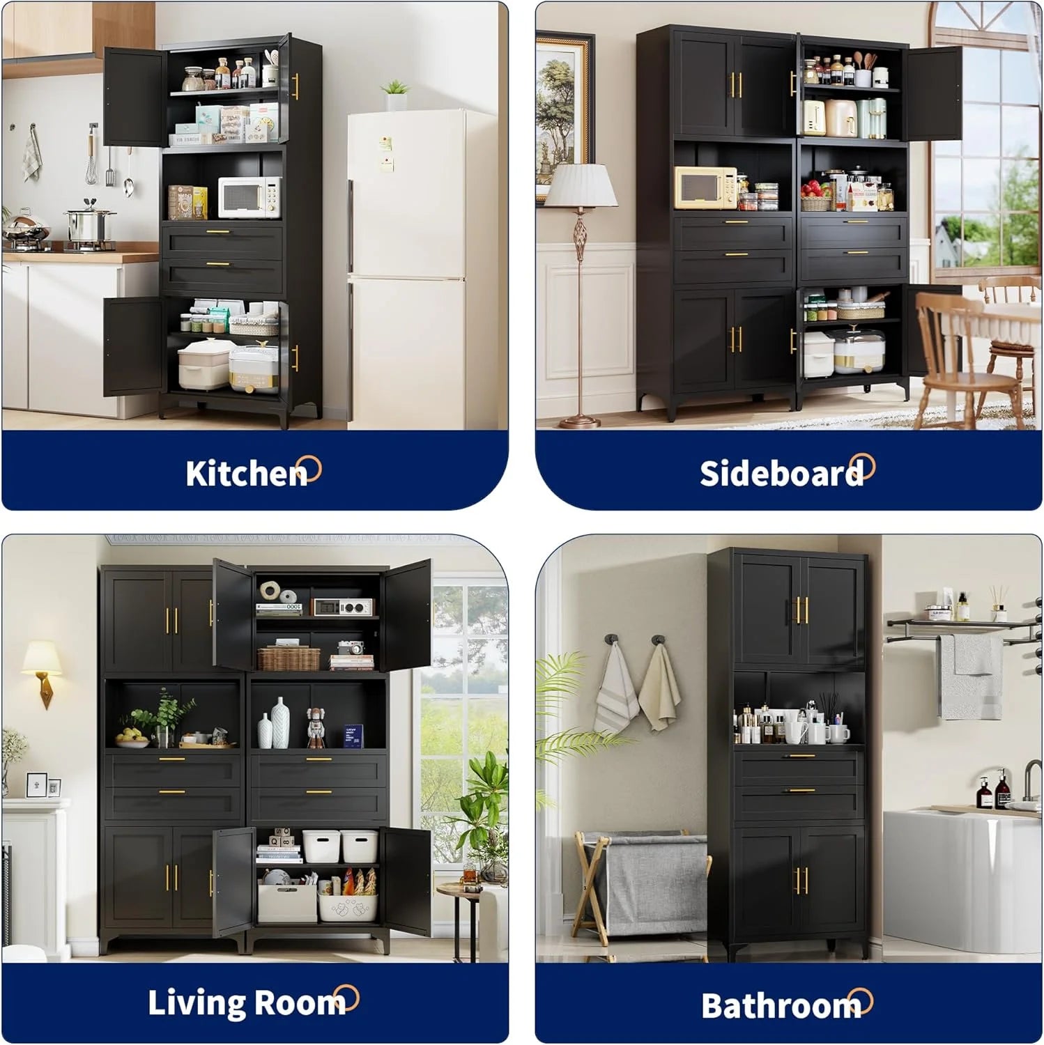 75° Tall Kitchen Pantry Storage Cabinet, Metal Storage Cabinet with 2 Drawers and Adjustable Shelves, Kitchen Pantry Cupboard, Freestanding Cupboard for Bathroom, Living Room(Black)
