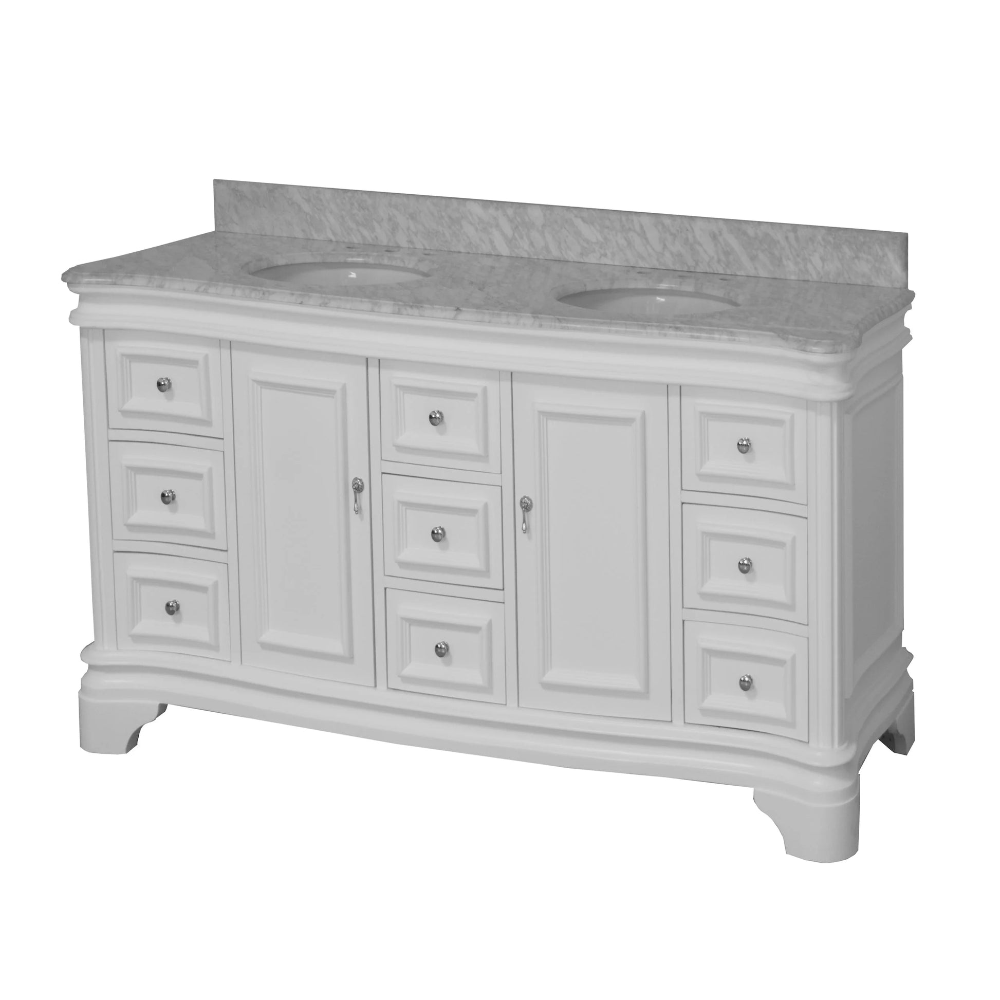Katherine 72" Double Bathroom Vanity with White Cabinet and Carrara Marble Top