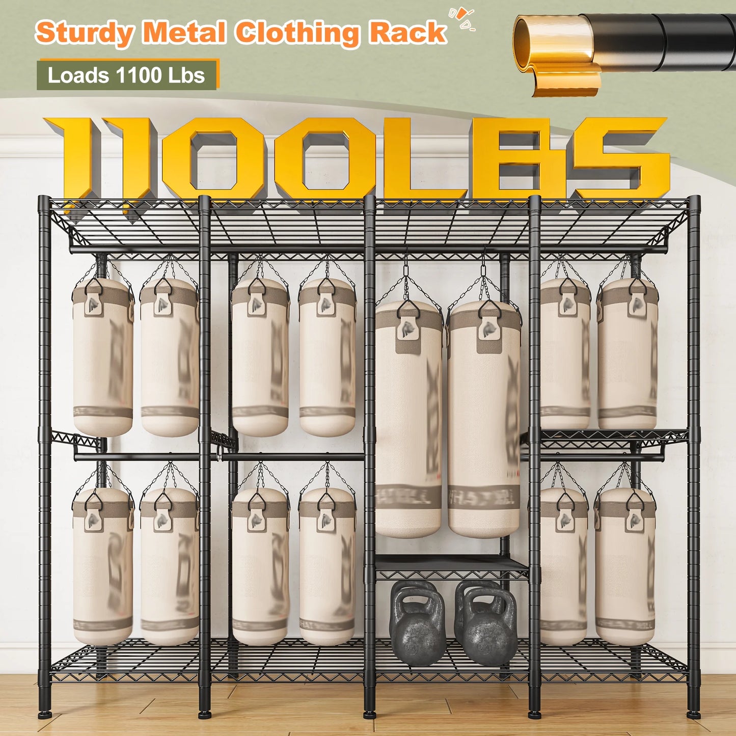 EnHomee 76"W Clothes Rack with Cover,1100LBS Heavy Duty Wardrobe Closet Organizer,Adjustable Portable ClosetBlack
