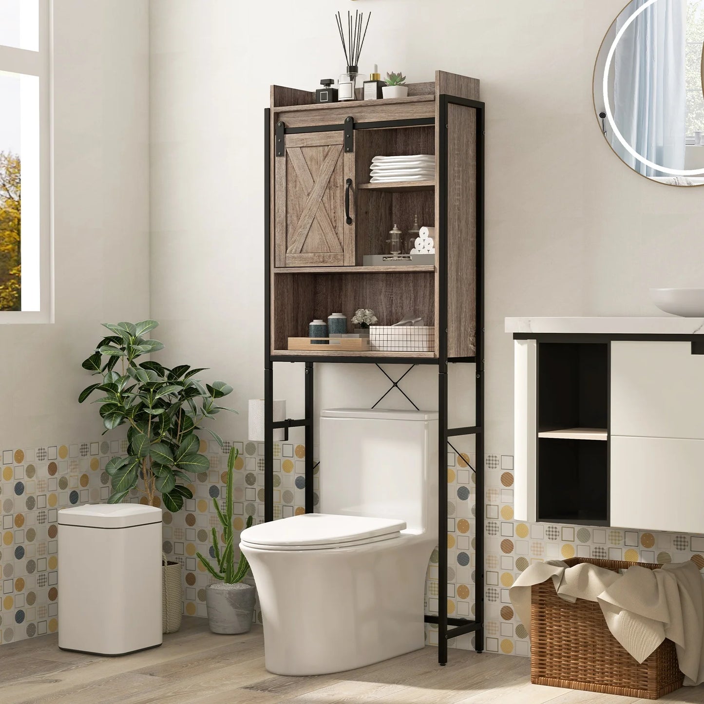 Topbuy Over The Toilet Storage Cabinet 4-Tier Bathroom Organizer w/Adjustable Shelves Sliding Barn Door & Toilet Paper Holder Rustic Brown