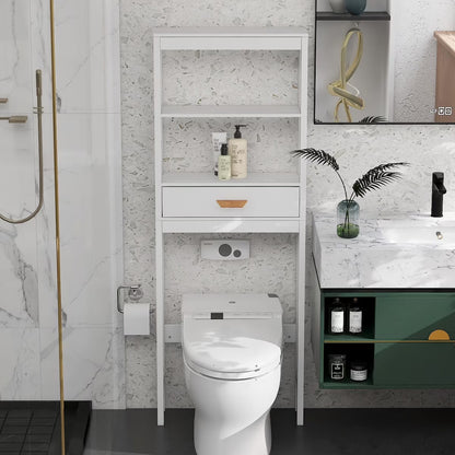 Over The Toilet Storage Cabinet with Drawer and 2 Shelves,Bathroom Space Saver Storage Rack,Toilet Shelf Organizer,White