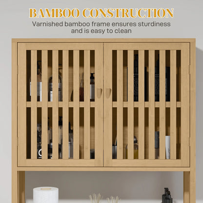 HOMCOM Bamboo Over the Toilet Storage Cabinet, Bathroom Space Saver Above Toilet with Double Slatted Doors, Adjustable Shelf and Open Shelf, Natural