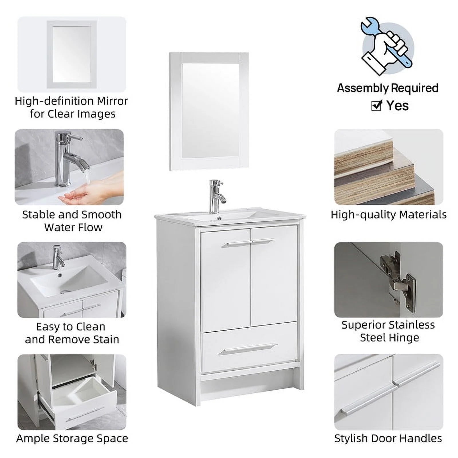 Walsport 24" Luxurious Bathroom Vanity with Ceramic Sink and Countertop and Mirror and Faucet,Double Door Stand Floor Cabinet Bathroom Storage Vanity with Pop Up Drain,White