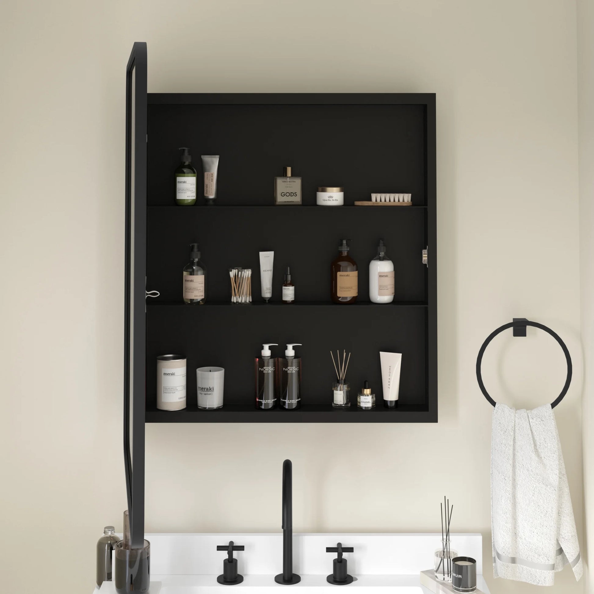 Emma + Oliver Black Metal Framed Bathroom Medicine Cabinet with Reversible, Recessed Design and Beveled Rounded Mirror - 24" x 30"
