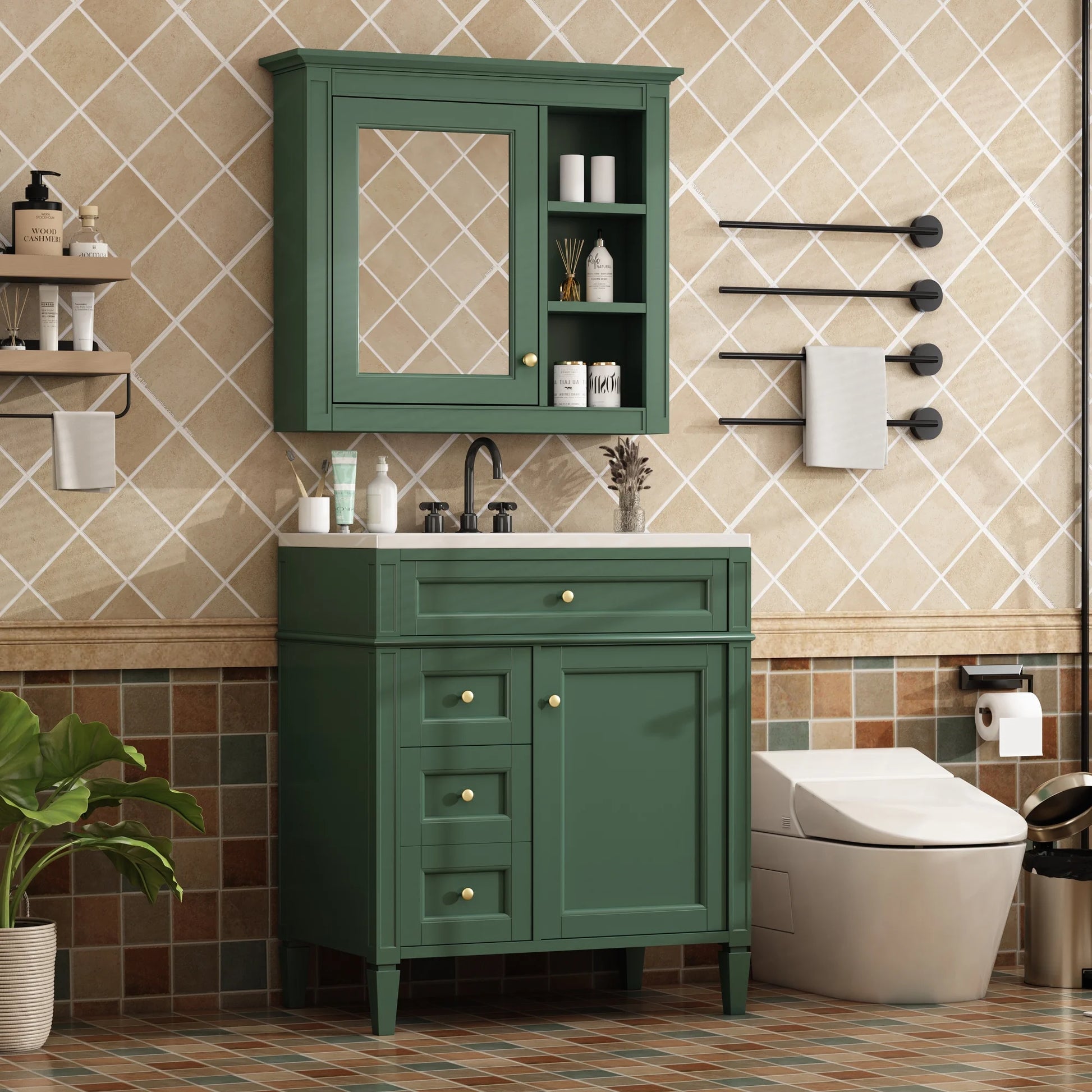 30'' Bathroom Vanity with Top Sink, Freestanding Vanity Set with Mirror Cabinet,Green