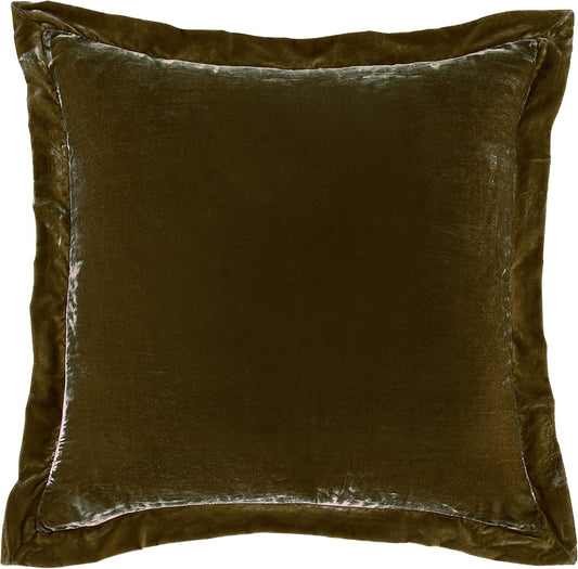 HiEnd Accents Stella Faux Silk Velvet Flanged Euro Sham Pillow Cover, 27x27 inch, Green Ochre, Romantic Western Modern Traditional Style Luxury Bedding