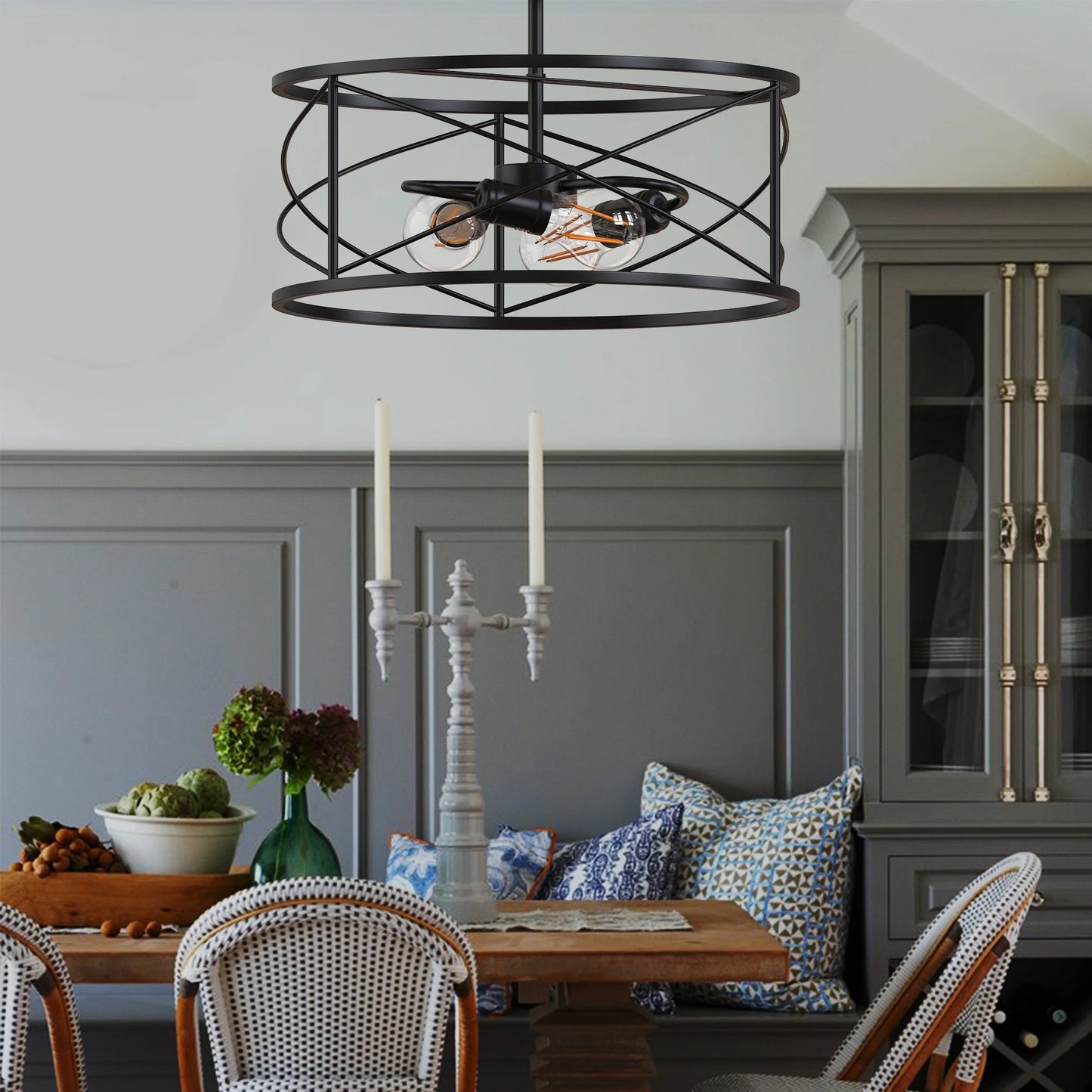 LOHASLED 3 Lights Black Vintage Retro Industrial Modern Farmhouse Lighting, Semi Flush Mount Ceiling Light Fixture with Metal Cage for Kitchen Bedroom Hallway Living Room Bathroom