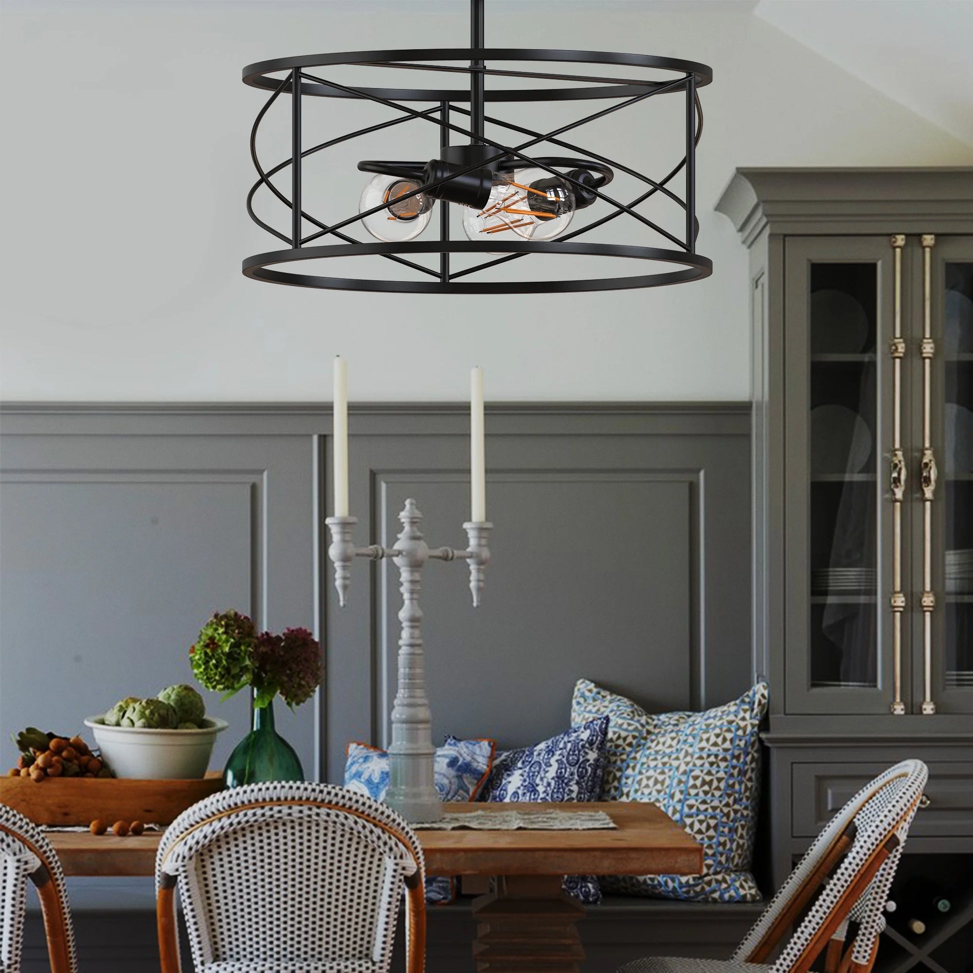 LOHASLED 3 Lights Black Vintage Retro Industrial Modern Farmhouse Lighting, Semi Flush Mount Ceiling Light Fixture with Metal Cage for Kitchen Bedroom Hallway Living Room Bathroom
