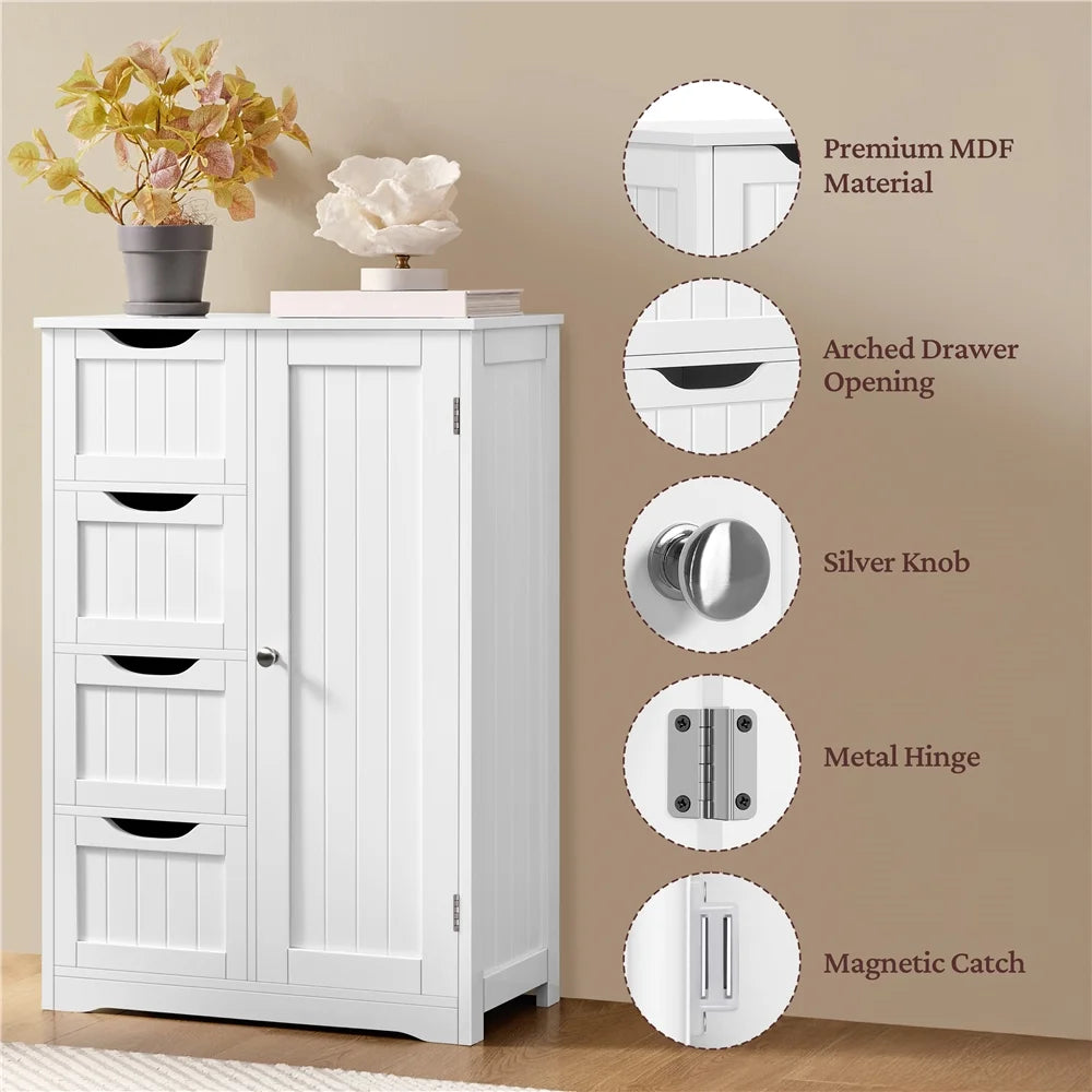 Yaheetech Wooden Cabinet Storage Unit with 4 Drawers & Cupboard for Bathroom, White