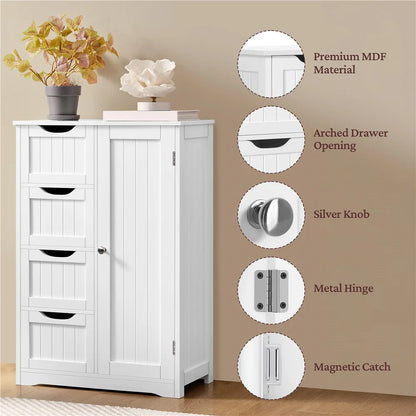 Yaheetech Wooden Cabinet Storage Unit with 4 Drawers & Cupboard for Bathroom, White