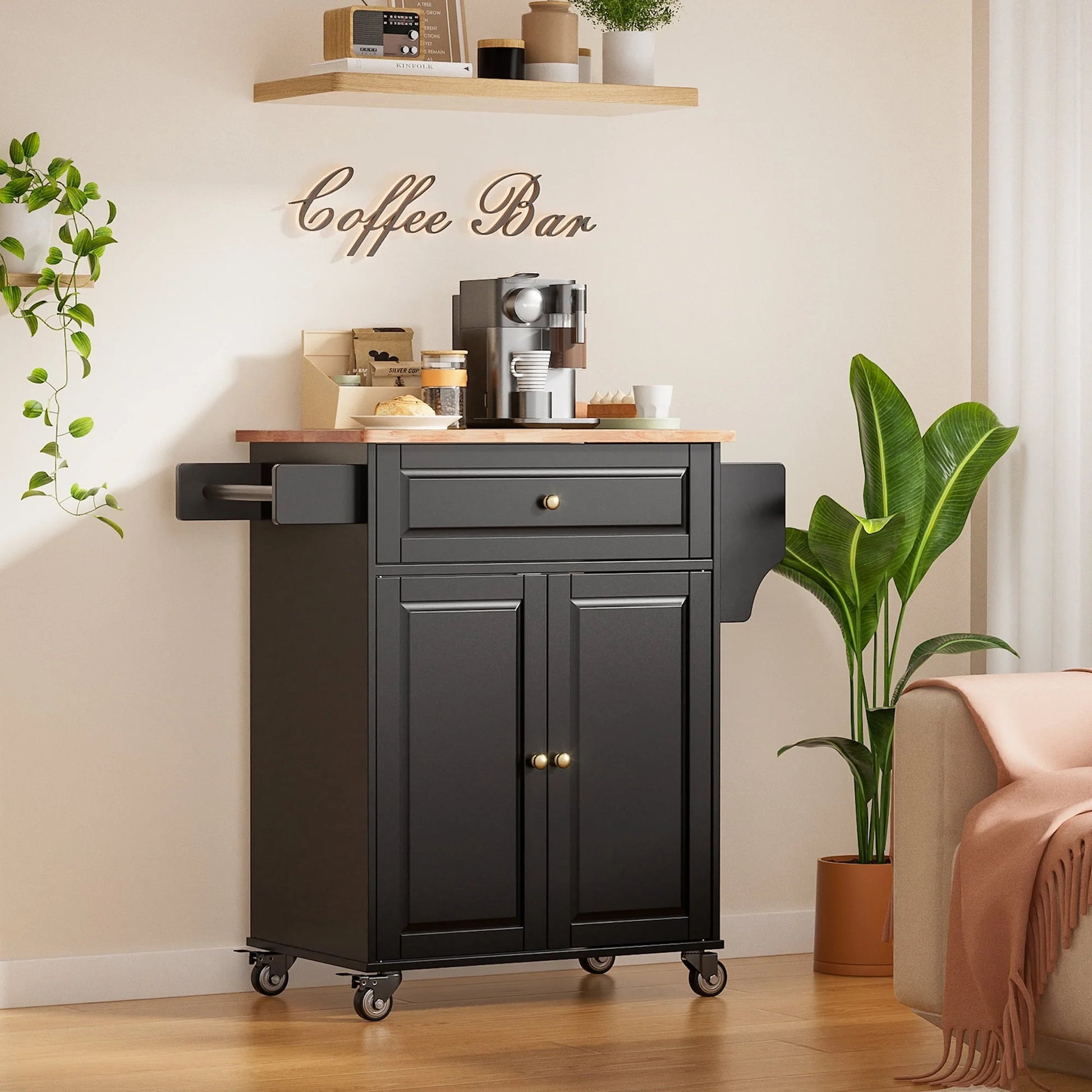 Kitchen Island with Storage on Wheels, Microwave cart with Spice Rack, Towel Rack & Drawer, Black