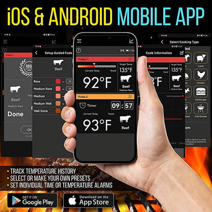 NutriChef Wi-Fi Grill Meat Thermometer Wireless Dual Smart Probes, Alarm Indoor from Outdoor, Black
