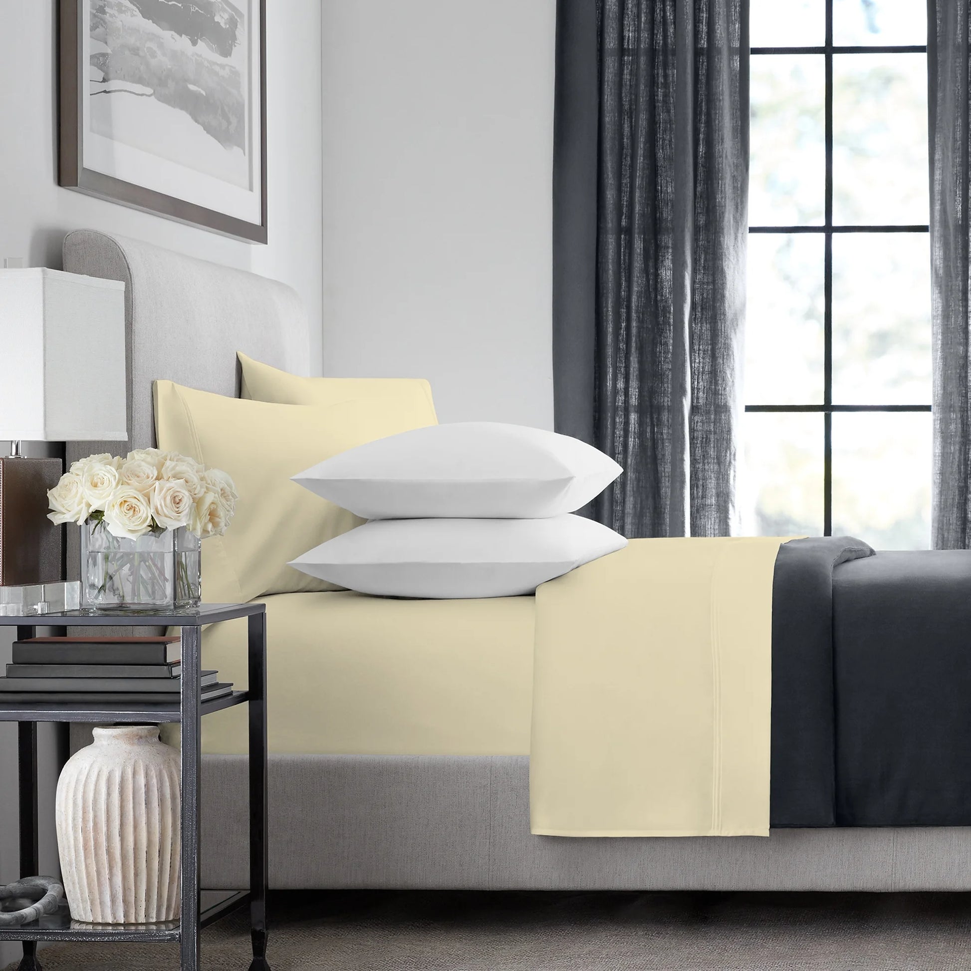 Aireolux 100% Cotton Egyptian 1000 Thread Count Queen Bed Sheet Set - 4-Piece Silky Sateen, Deep Pocket, Super Soft & Breathable, Yellow