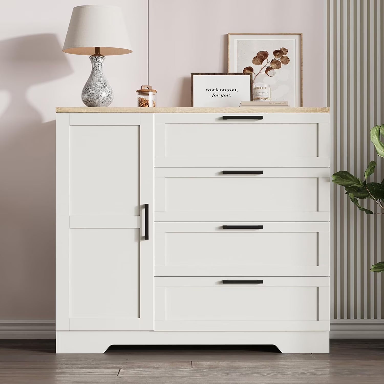 43.3" H Armoire Wardrobe Closet with 4 Drawers & Hanging Rod, Multifunctional Wood Storage Cabinet for Bedroom, Natural Oak