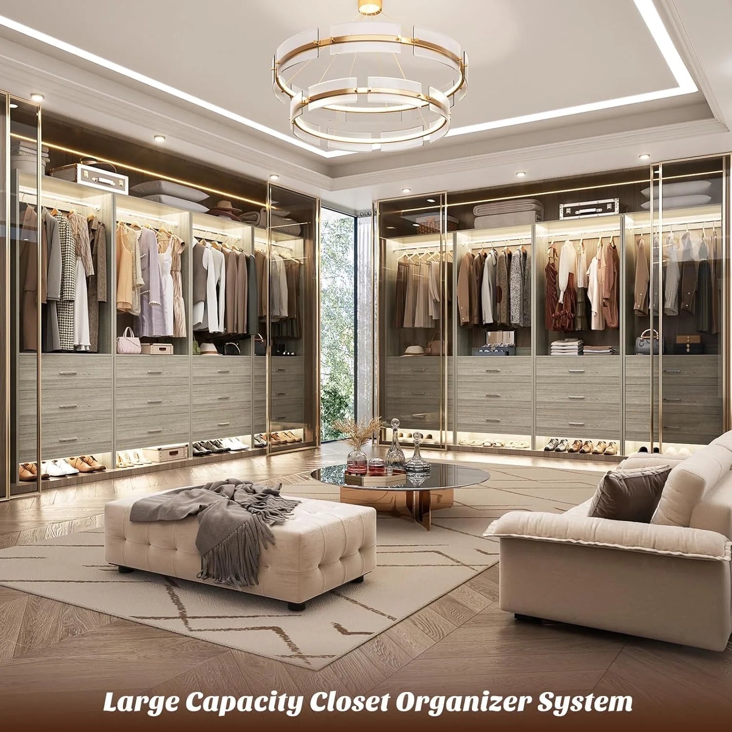 Homieasy Closet System Closet Organizer, Wood Closet Organizer System, Walk-in Closet or Small Closets Wardrobe, Clothes Rack with Hanging Rods, 4FT Closets, Set of 2, White Oak